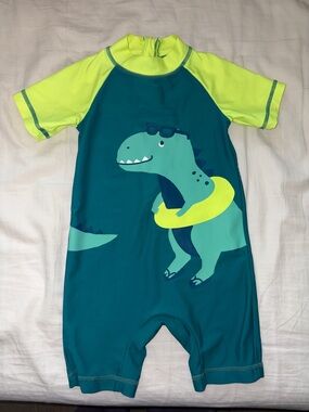 Carter's Teal and Neon Yellow Dinosaur One-Piece Swim Suit